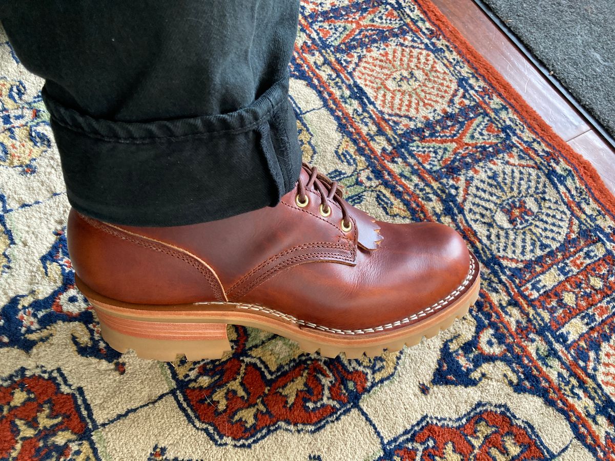 Photo by ralleyquattro on April 20, 2023 of the Frank's Boots Type 2 Highlander in Wickett & Craig Tan Oiled Latigo.