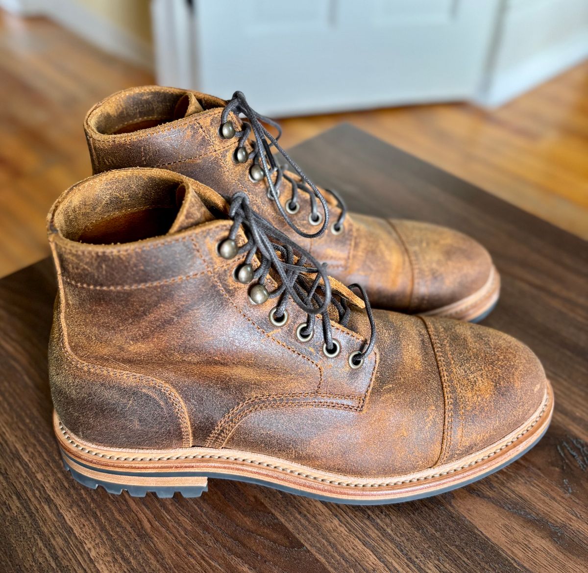 Photo by 2nd_nature on June 3, 2026 of the Parkhurst The Richmond in C.F. Stead Wheatbuck Waxy Commander Suede.