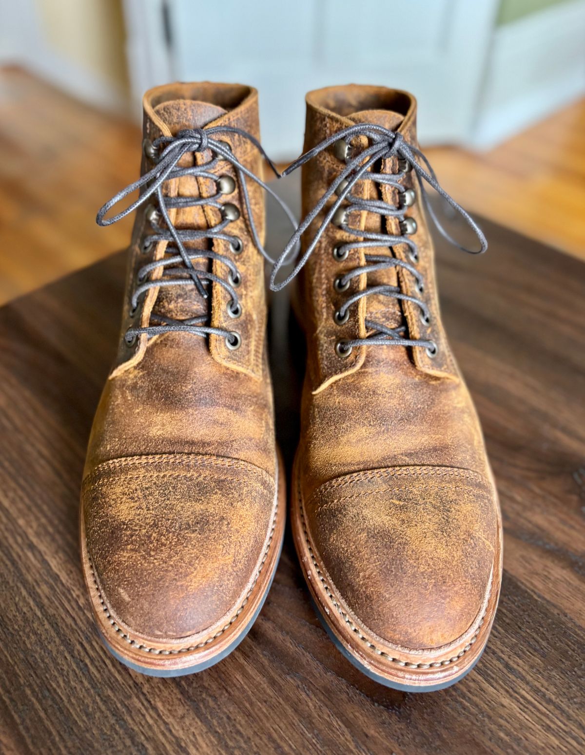 Photo by 2nd_nature on June 3, 2026 of the Parkhurst The Richmond in C.F. Stead Wheatbuck Waxy Commander Suede.