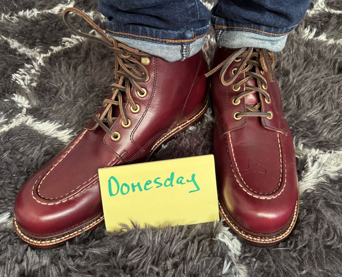 Photo by foughtthelaw on October 28, 2024 of the Grant Stone Brass Boot in Horween Color 8 Chromexcel.