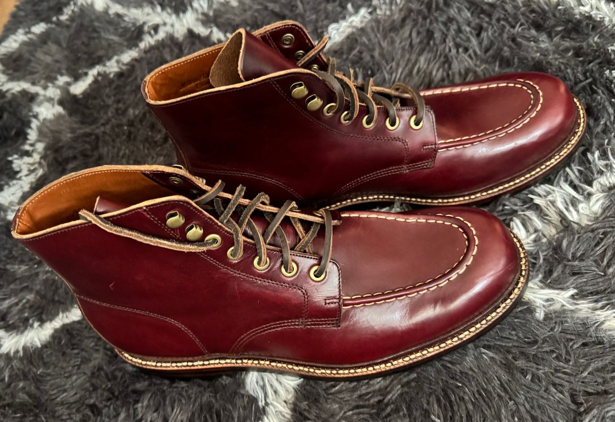 Photo by foughtthelaw on October 28, 2024 of the Grant Stone Brass Boot in Horween Color 8 Chromexcel.
