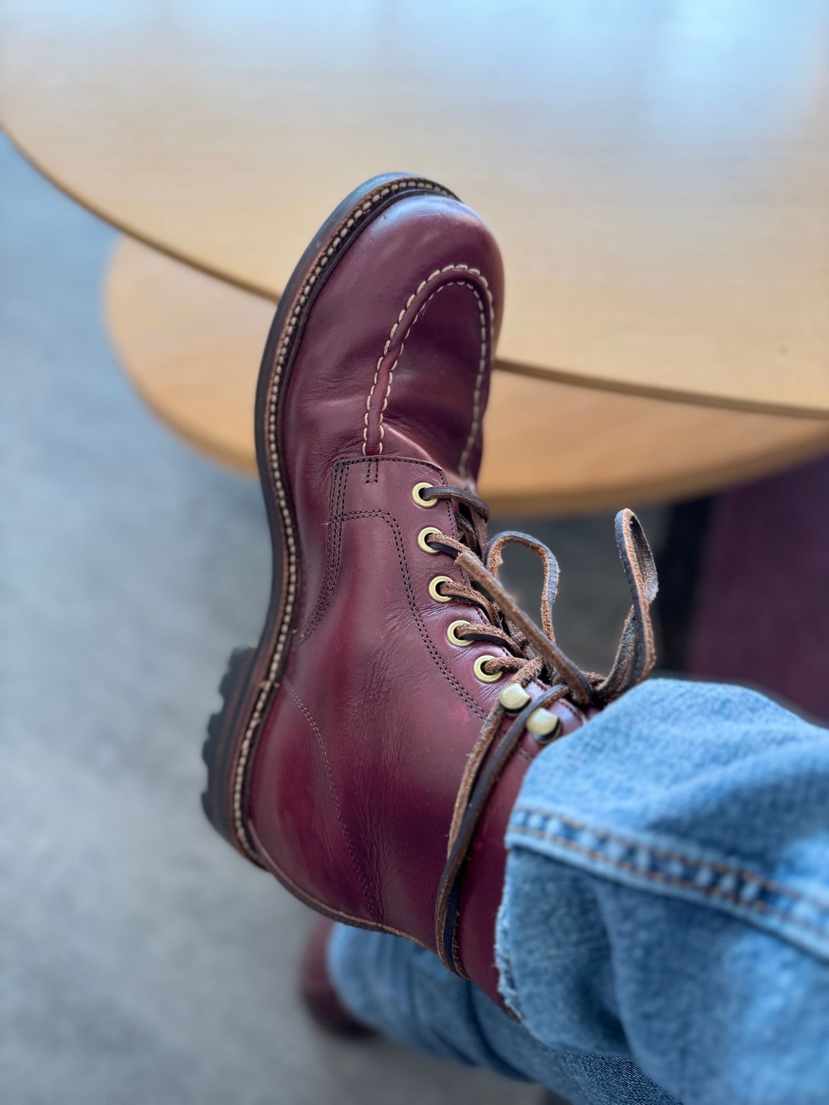 Photo by foughtthelaw on November 8, 2024 of the Grant Stone Brass Boot in Horween Color 8 Chromexcel.