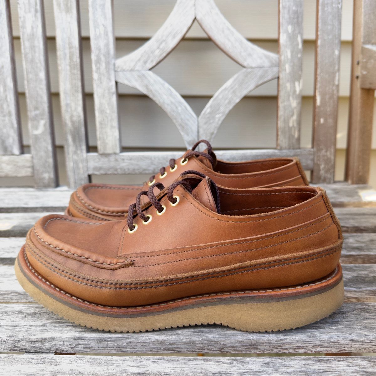 Photo by clausality on November 1, 2025 of the Russell Moccasin Co. Fishing Oxford in Walnut Timberjack.