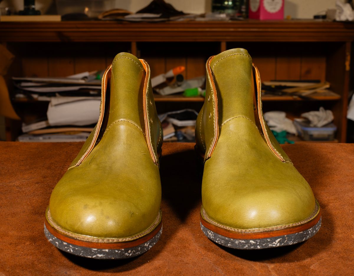Photo by demaree on October 3, 2025 of the Oldspeed MFG Chukka in Wickett & Craig Olive Traditional Harness.