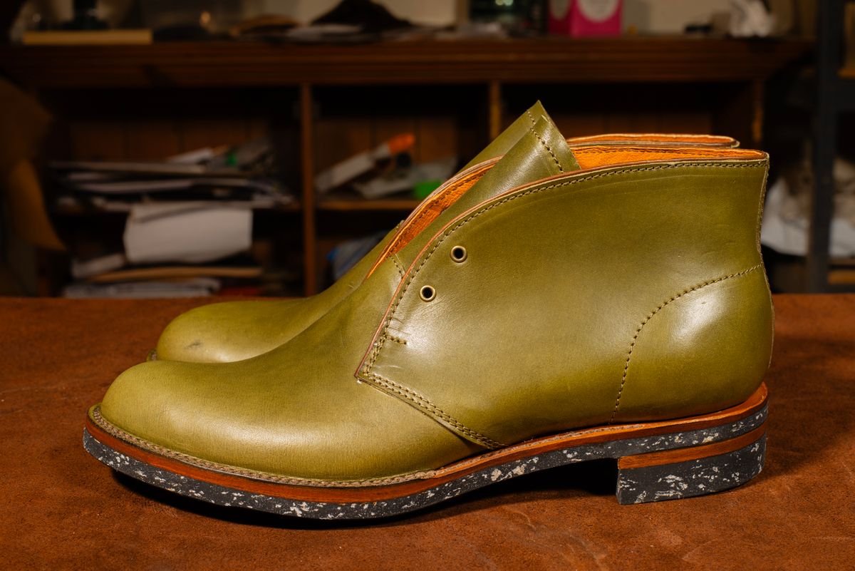 Photo by demaree on October 3, 2025 of the Oldspeed MFG Chukka in Wickett & Craig Olive Traditional Harness.