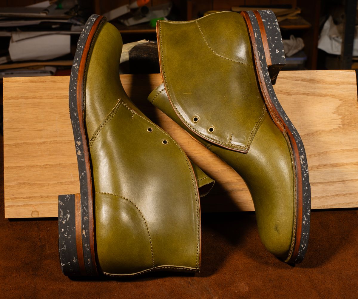 Photo by demaree on October 3, 2025 of the Oldspeed MFG Chukka in Wickett & Craig Olive Traditional Harness.