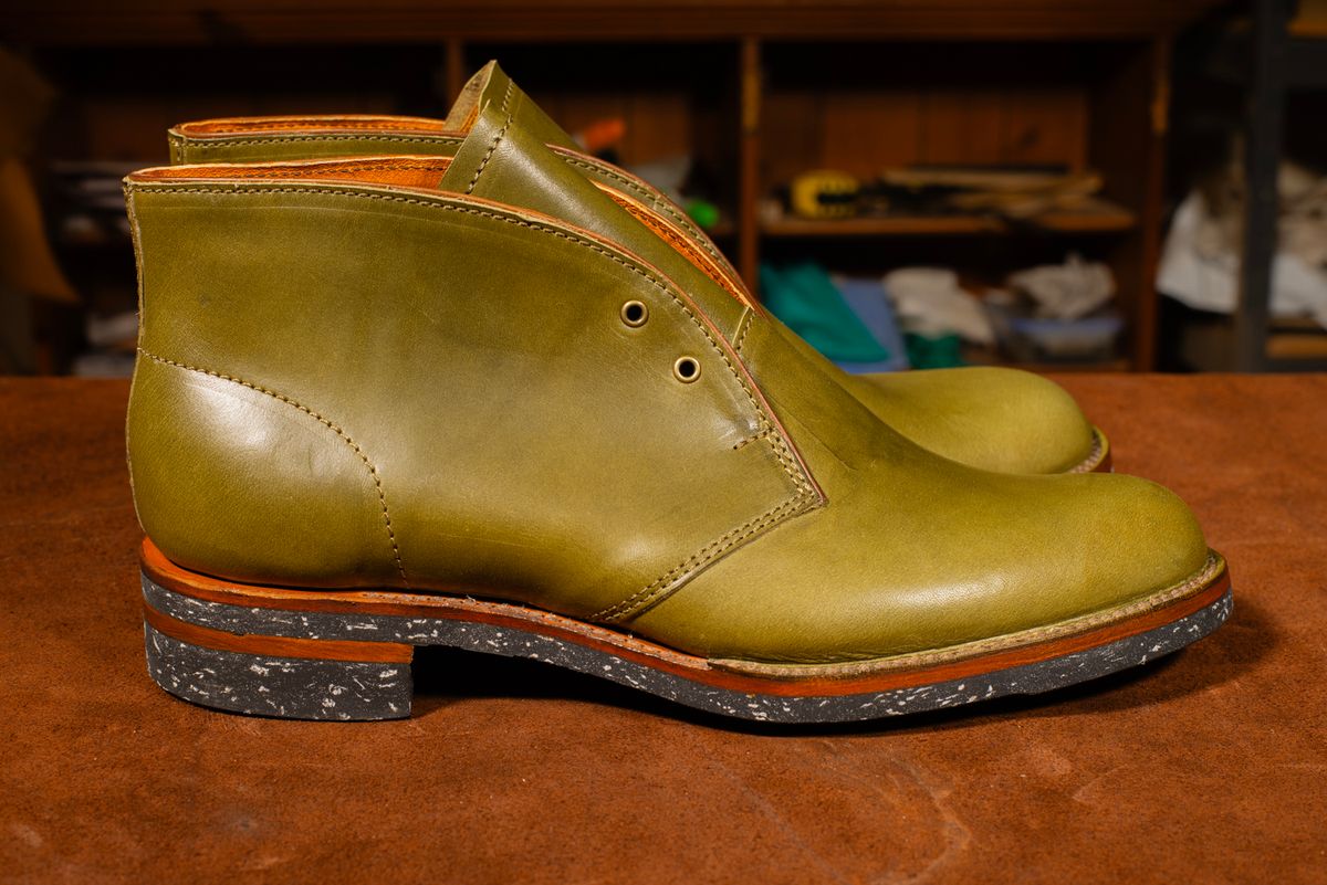 Photo by demaree on October 3, 2025 of the Oldspeed MFG Chukka in Wickett & Craig Olive Traditional Harness.
