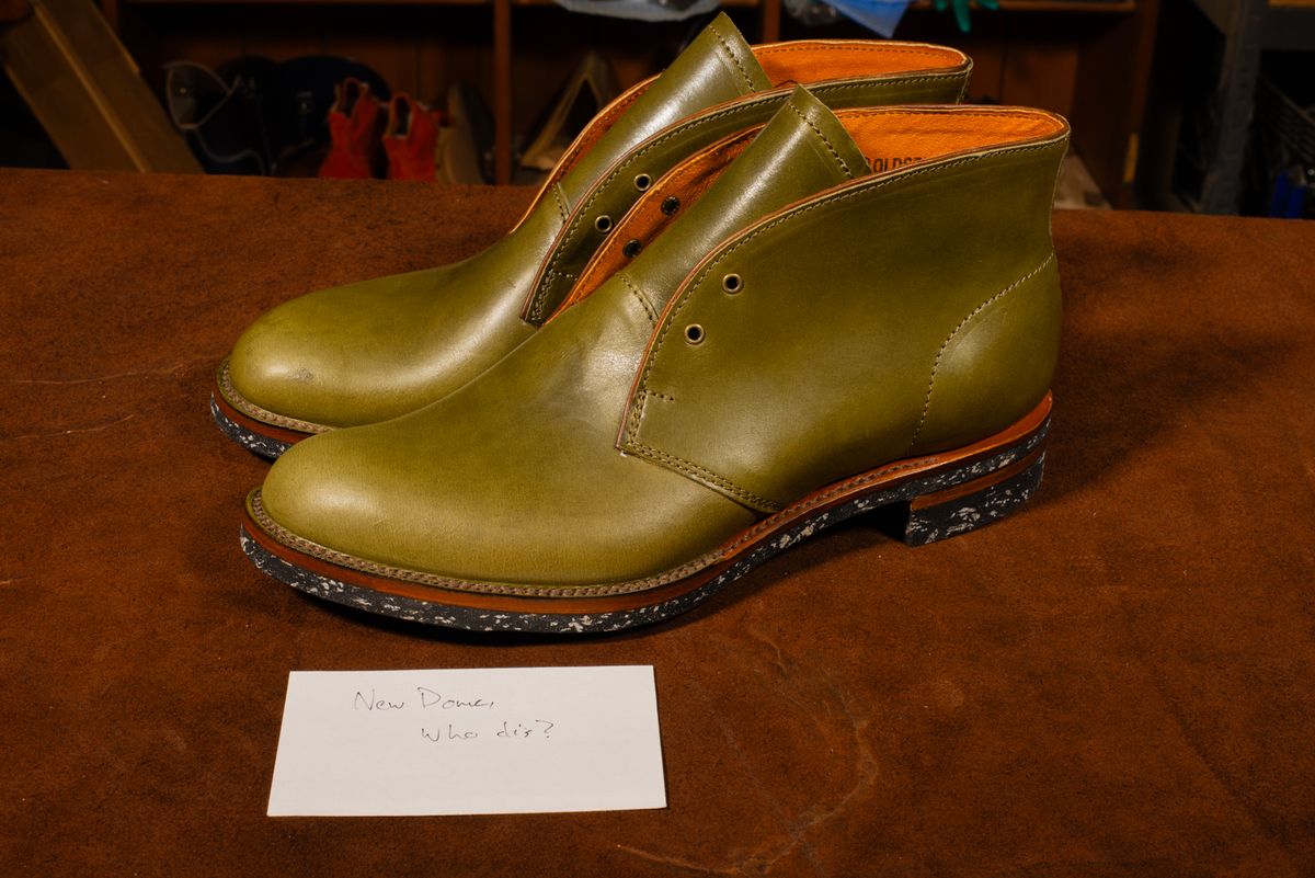 Photo by demaree on October 3, 2025 of the Oldspeed MFG Chukka in Wickett & Craig Olive Traditional Harness.