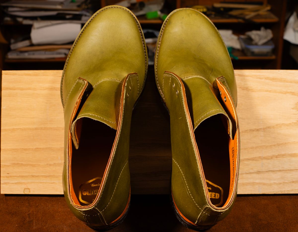 Photo by demaree on October 3, 2025 of the Oldspeed MFG Chukka in Wickett & Craig Olive Traditional Harness.