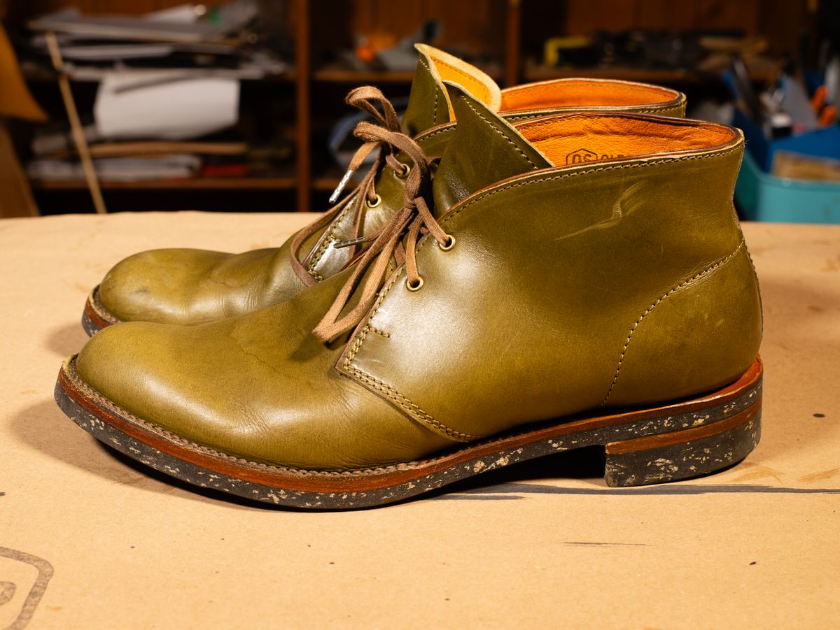 Photo by demaree on November 4, 2025 of the Oldspeed MFG Chukka in Wickett & Craig Olive Traditional Harness.
