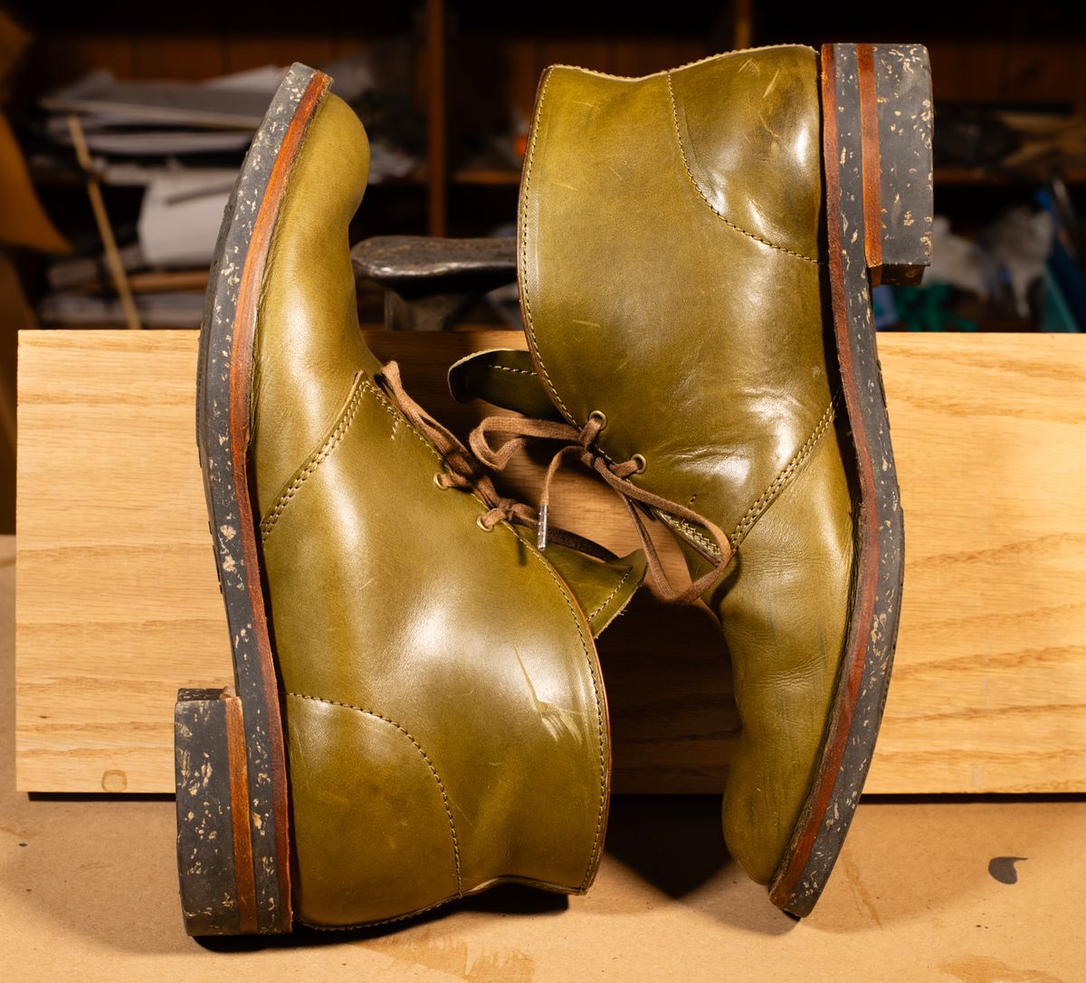Photo by demaree on November 4, 2025 of the Oldspeed MFG Chukka in Wickett & Craig Olive Traditional Harness.