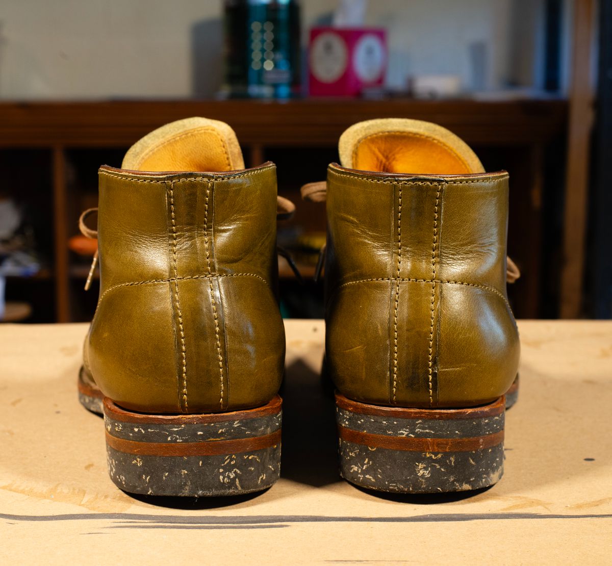 Photo by demaree on December 4, 2025 of the Oldspeed MFG Chukka in Wickett & Craig Olive Traditional Harness.