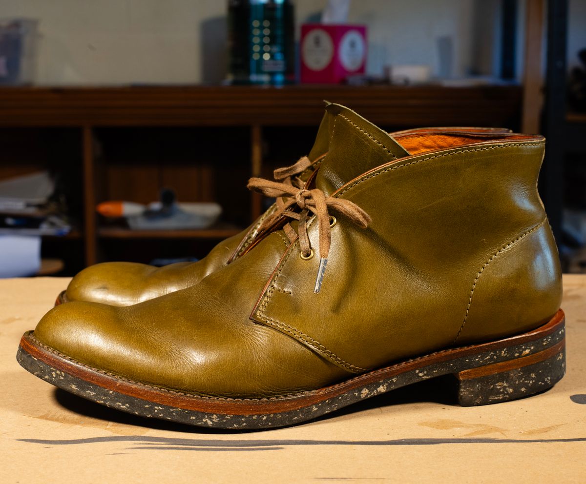 Photo by demaree on December 4, 2025 of the Oldspeed MFG Chukka in Wickett & Craig Olive Traditional Harness.