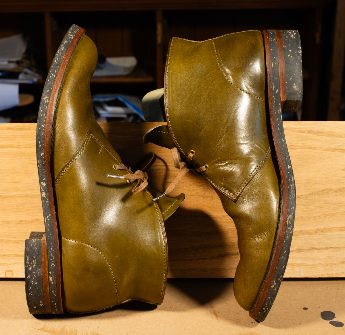 Photo by demaree on December 4, 2025 of the Oldspeed MFG Chukka in Wickett & Craig Olive Traditional Harness.