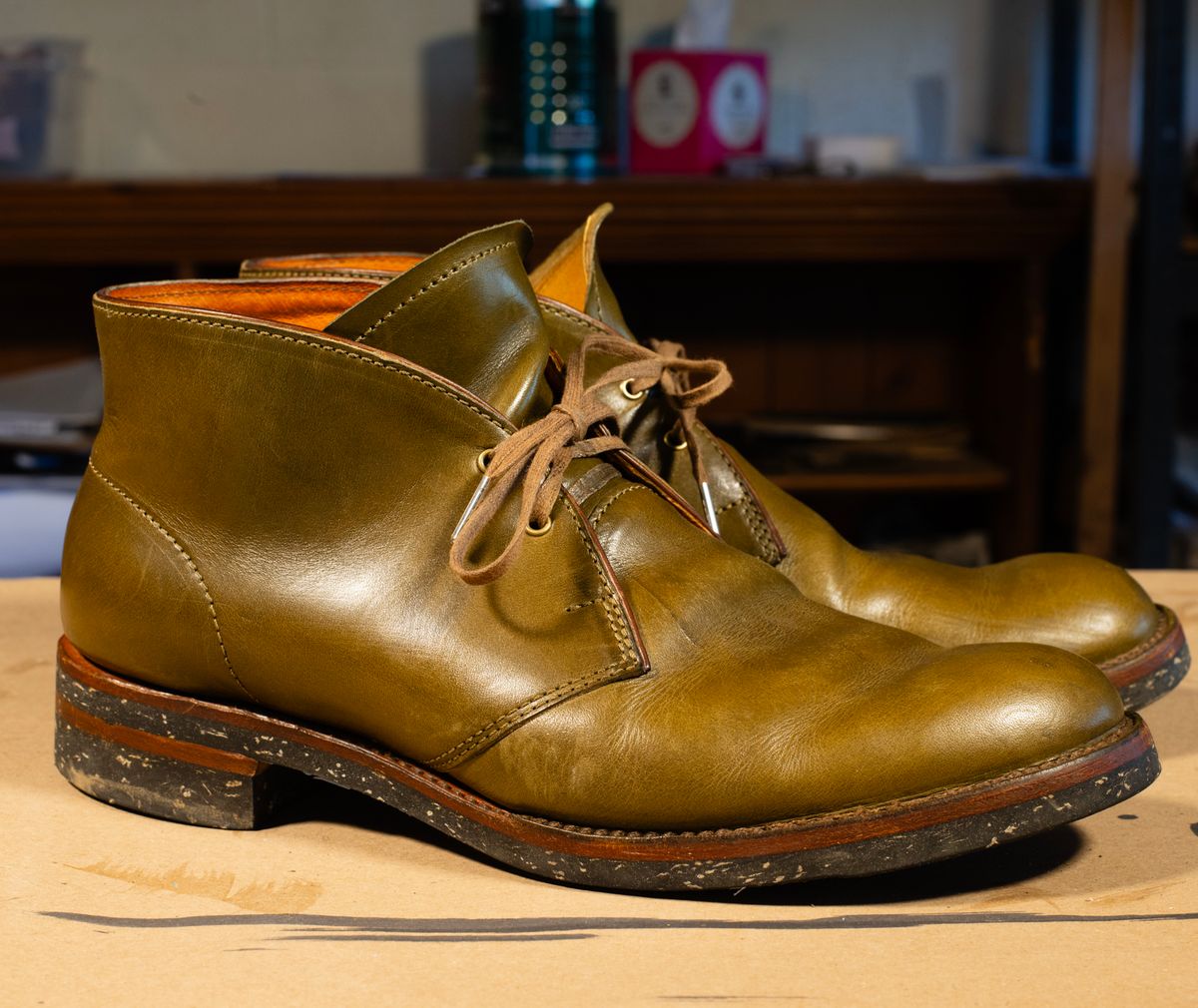 Photo by demaree on December 4, 2025 of the Oldspeed MFG Chukka in Wickett & Craig Olive Traditional Harness.