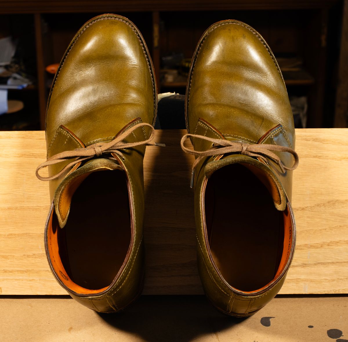 Photo by demaree on December 4, 2025 of the Oldspeed MFG Chukka in Wickett & Craig Olive Traditional Harness.