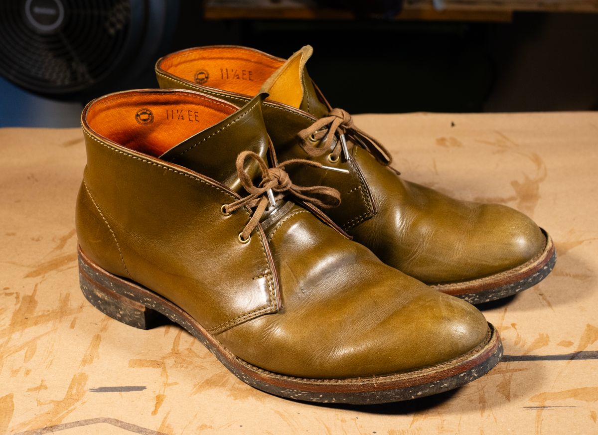 Photo by demaree on January 6, 2026 of the Oldspeed MFG Chukka in Wickett & Craig Olive Traditional Harness.