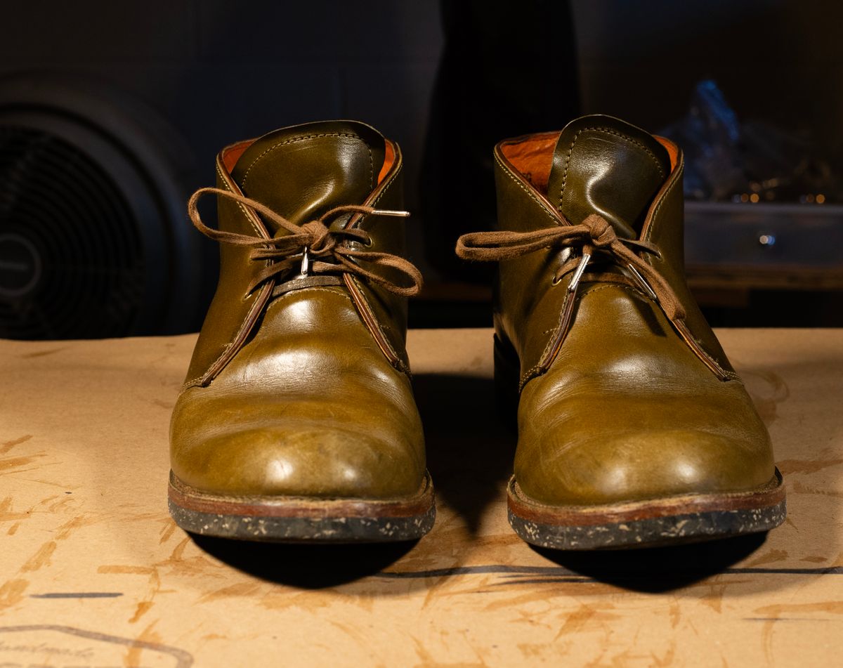 Photo by demaree on January 6, 2026 of the Oldspeed MFG Chukka in Wickett & Craig Olive Traditional Harness.