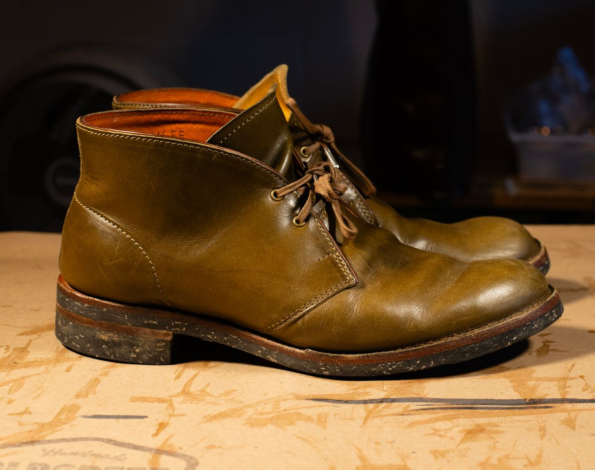 Photo by demaree on January 6, 2026 of the Oldspeed MFG Chukka in Wickett & Craig Olive Traditional Harness.