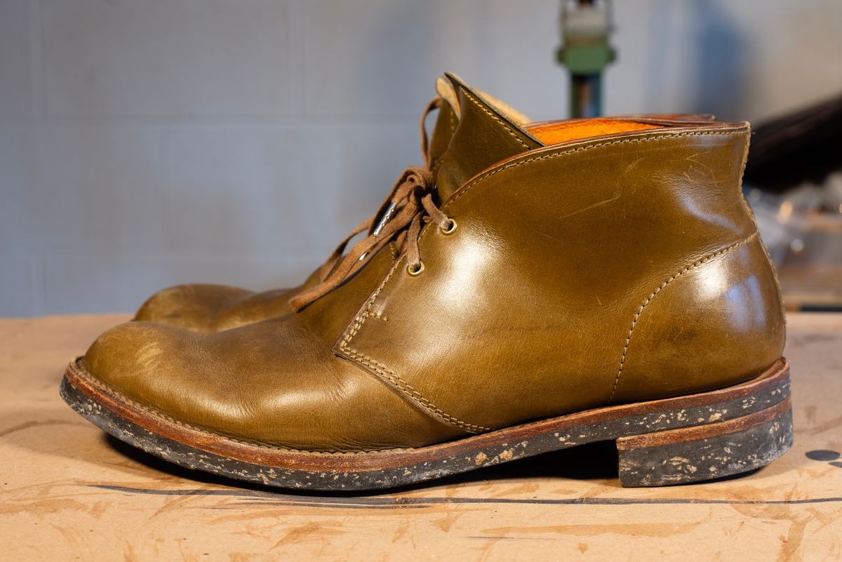 Photo by demaree on February 4, 2026 of the Oldspeed MFG Chukka in Wickett & Craig Olive Traditional Harness.