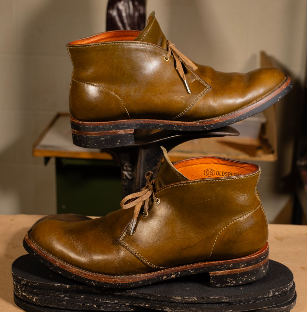 Photo by demaree on March 5, 2026 of the Oldspeed MFG Chukka in Wickett & Craig Olive Traditional Harness.