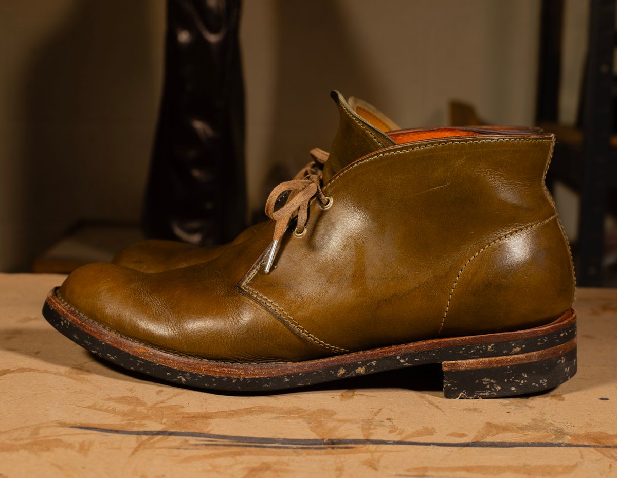Photo by demaree on March 5, 2026 of the Oldspeed MFG Chukka in Wickett & Craig Olive Traditional Harness.