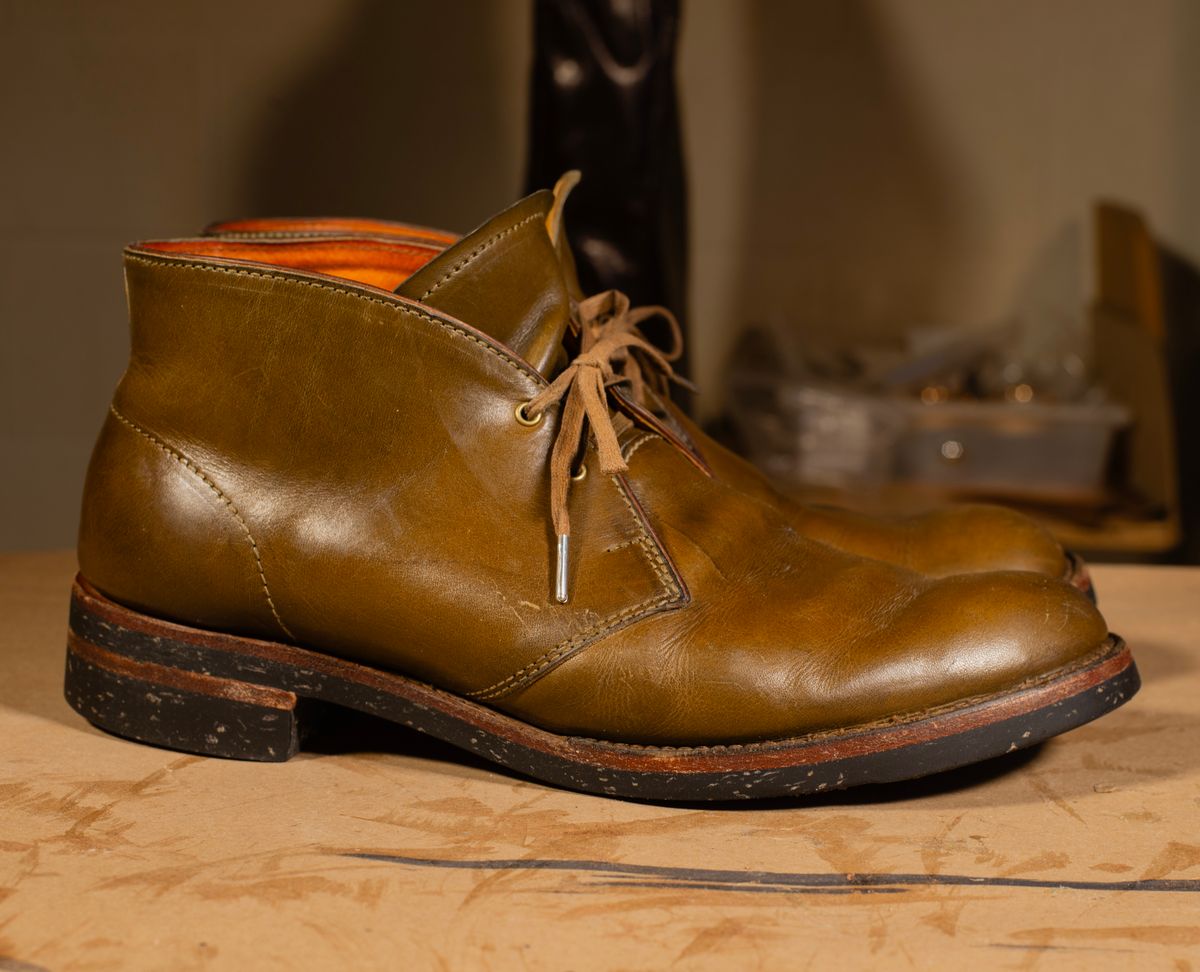 Photo by demaree on March 5, 2026 of the Oldspeed MFG Chukka in Wickett & Craig Olive Traditional Harness.