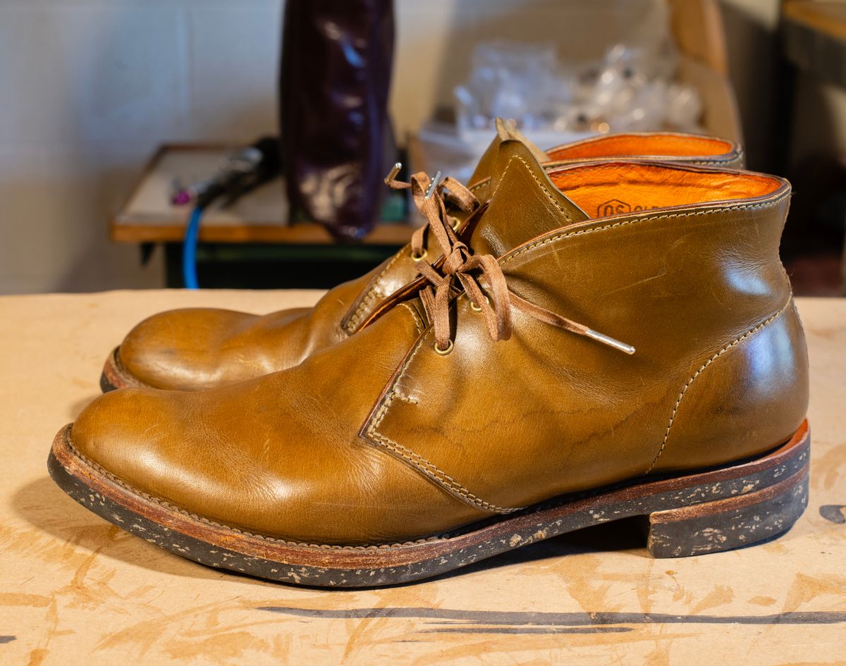 Photo by demaree on April 2, 2026 of the Oldspeed MFG Chukka in Wickett & Craig Olive Traditional Harness.