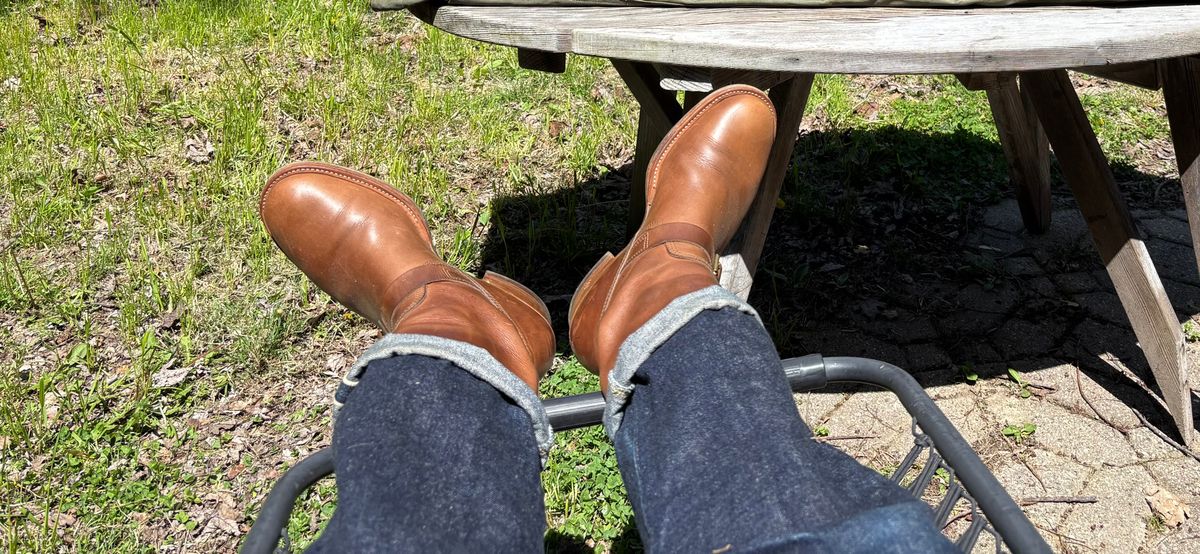 Photo by mulceber on May 4, 2026 of the John Lofgren Wabash Engineer Boots in Horween Natural Chromexcel.