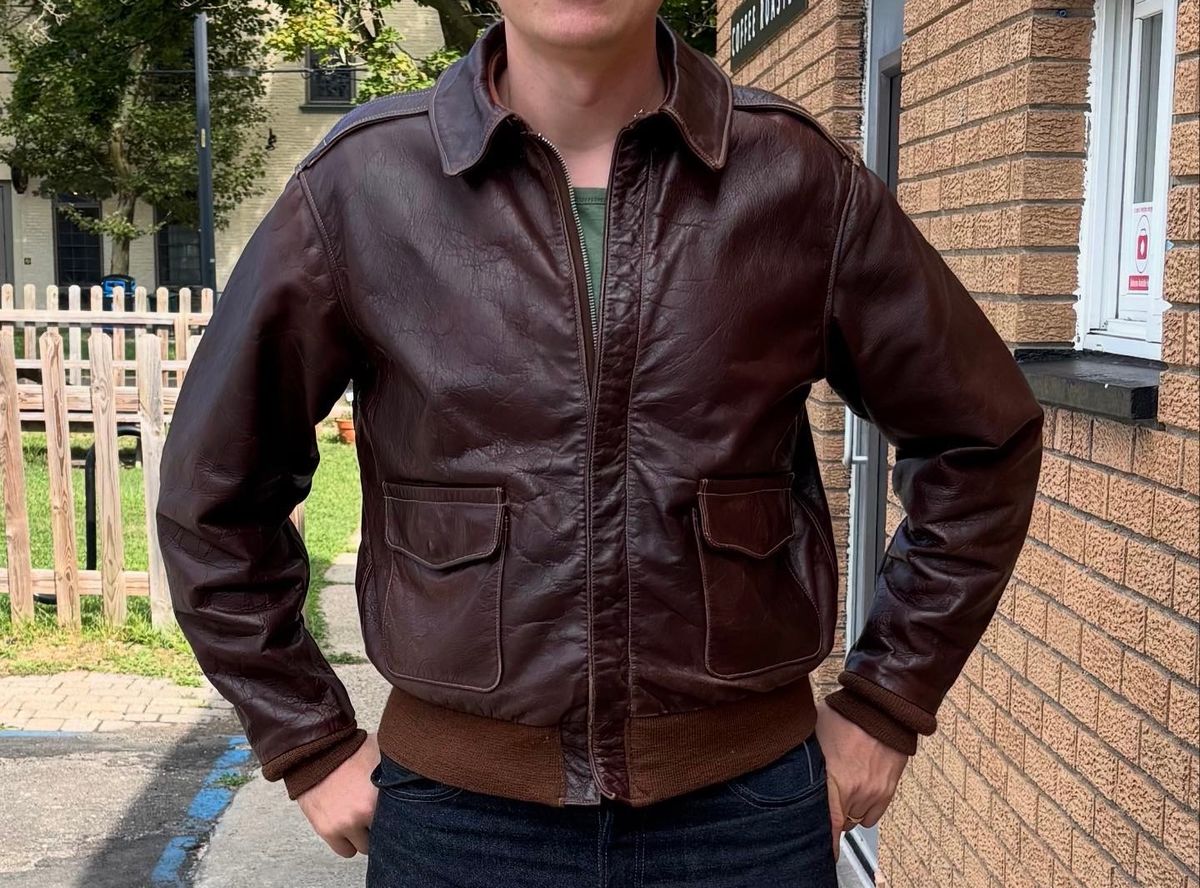 Photo by mulceber on August 18, 2025 of the Good Wear Leather Rough Wear 27752 A-2 Jacket in Horween Brown Horsehide.