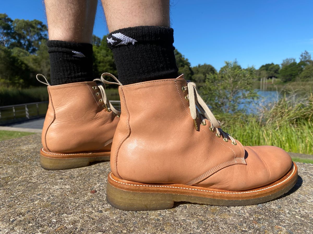 Photo by leezeppelin on April 4, 2025 of the Unmarked Super Natural Boots Veg Tan in Unknown Natural Veg Tan.