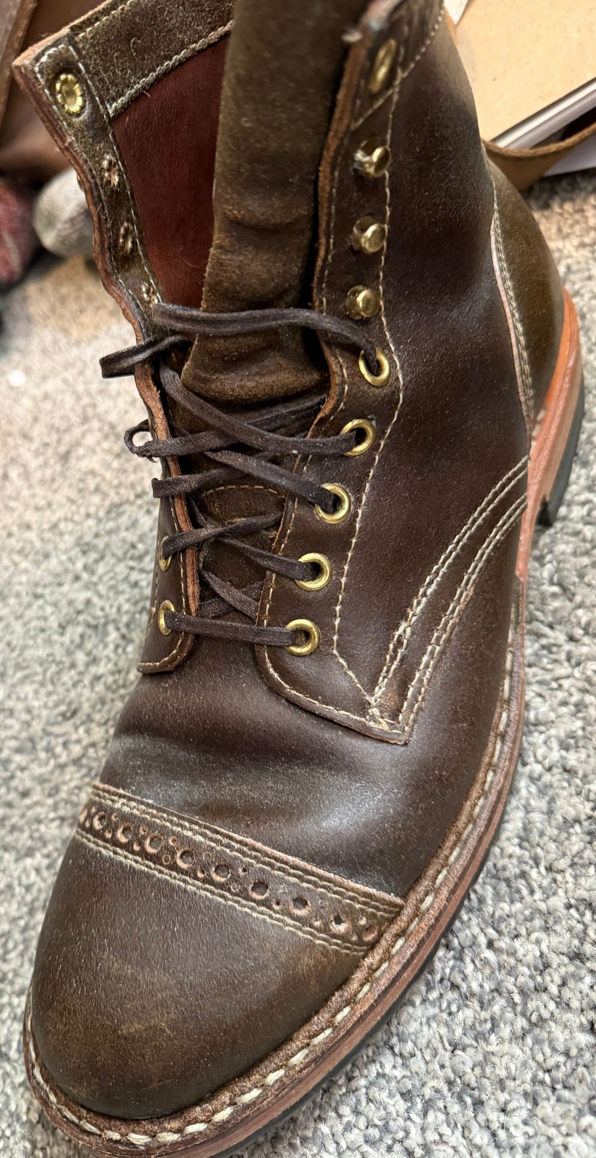 Photo by wk on October 5, 2025 of the White's MP-Sherman Toe Cap in Horween Olive Waxed Flesh.