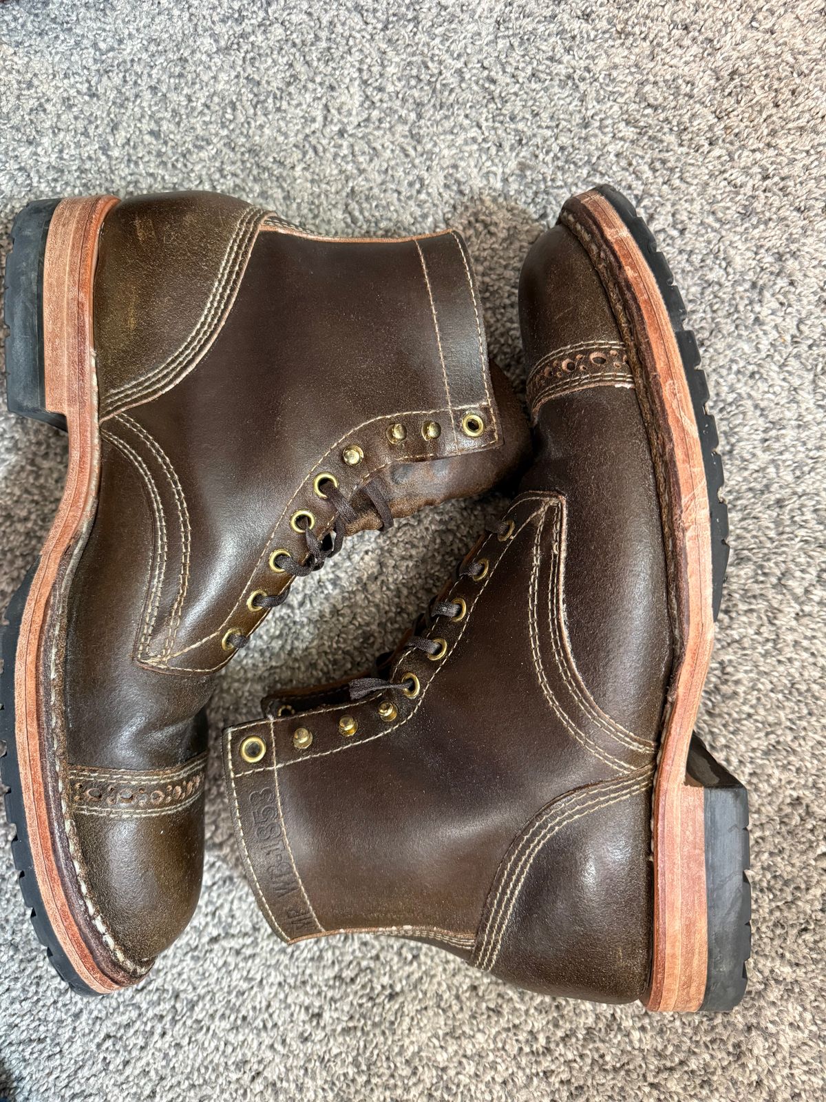 Photo by wk on October 5, 2025 of the White's MP-Sherman Toe Cap in Horween Olive Waxed Flesh.