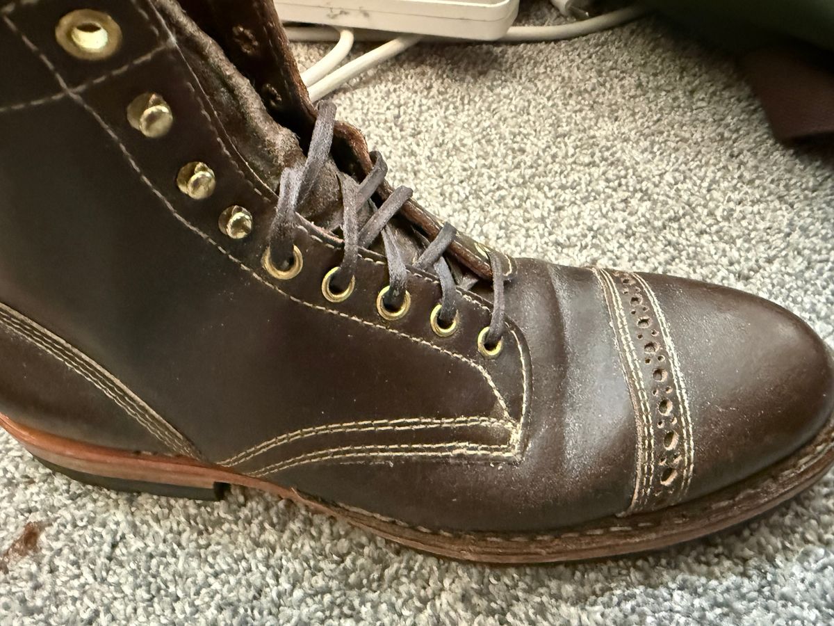 Photo by wk on October 5, 2025 of the White's MP-Sherman Toe Cap in Horween Olive Waxed Flesh.