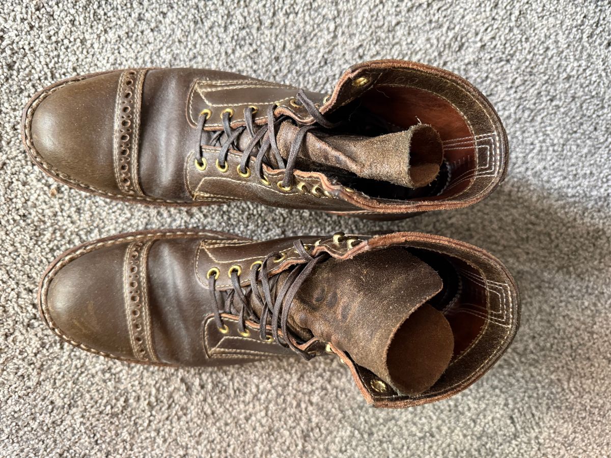 Photo by wk on October 4, 2025 of the White's MP-Sherman Toe Cap in Horween Olive Waxed Flesh.
