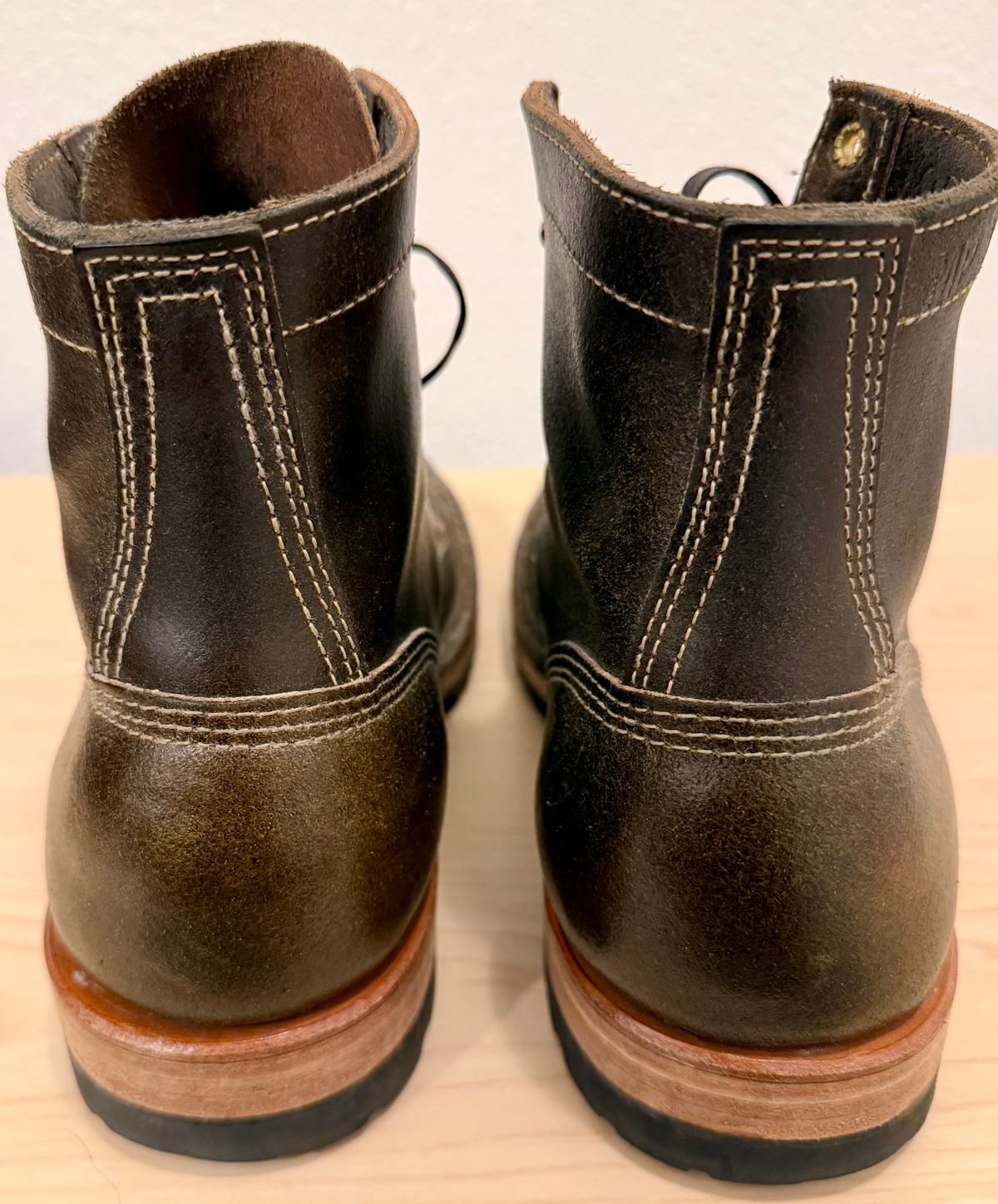 Photo by wk on November 6, 2025 of the White's MP-Sherman Toe Cap in Horween Olive Waxed Flesh.