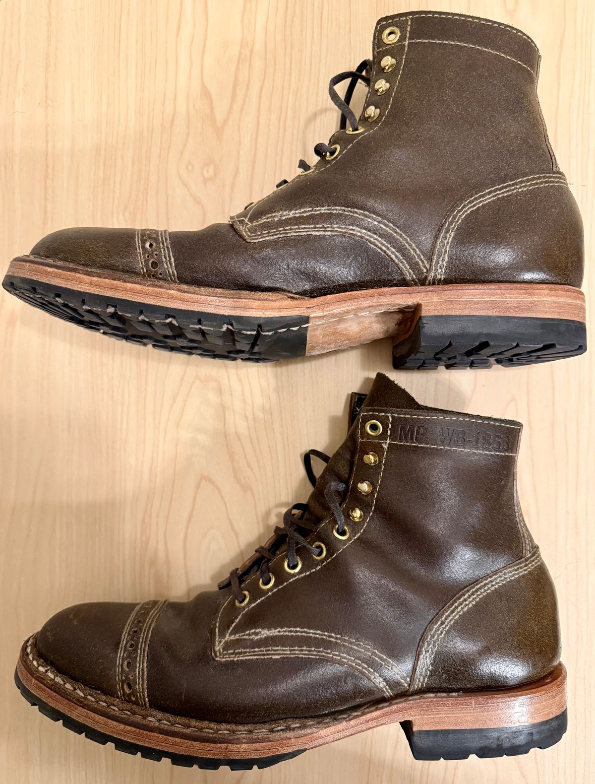 Photo by wk on November 6, 2025 of the White's MP-Sherman Toe Cap in Horween Olive Waxed Flesh.