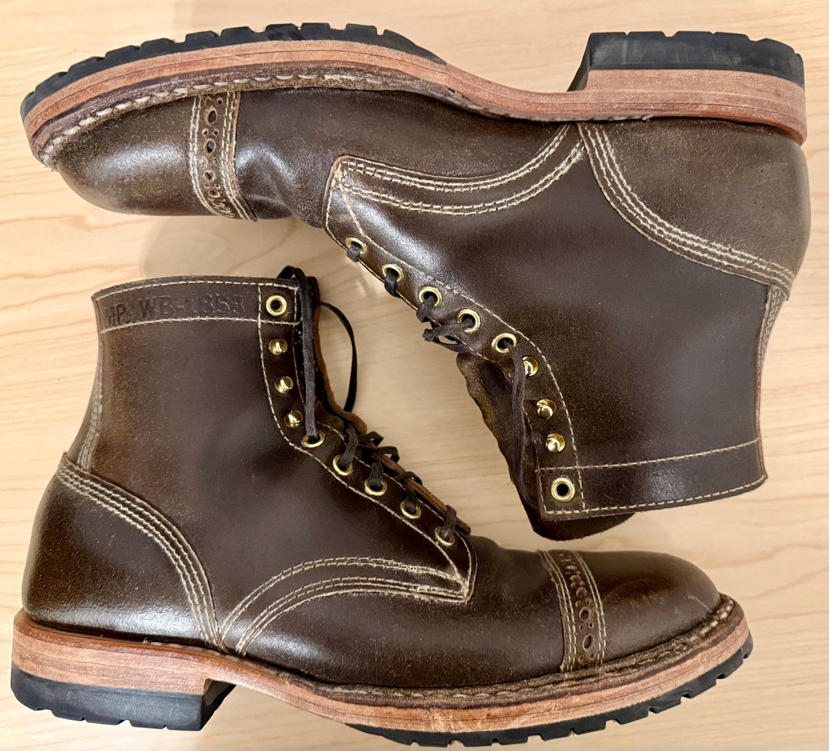Photo by wk on November 6, 2025 of the White's MP-Sherman Toe Cap in Horween Olive Waxed Flesh.