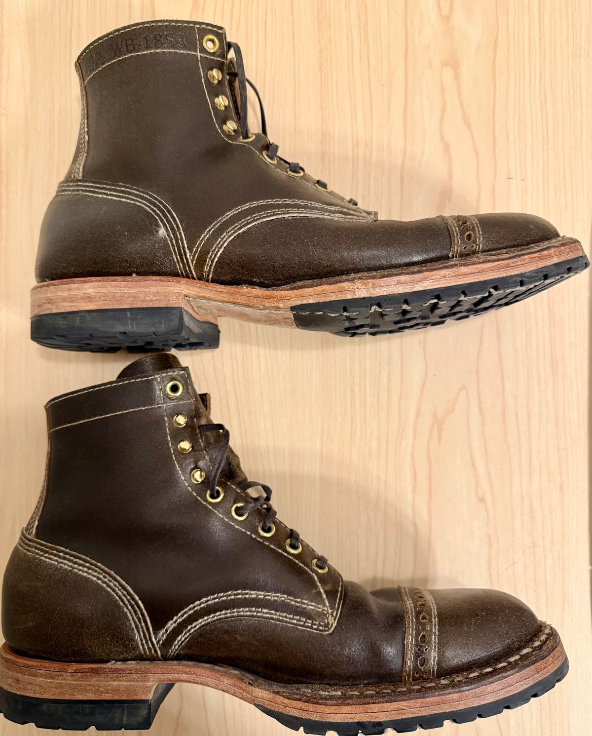 Photo by wk on November 6, 2025 of the White's MP-Sherman Toe Cap in Horween Olive Waxed Flesh.