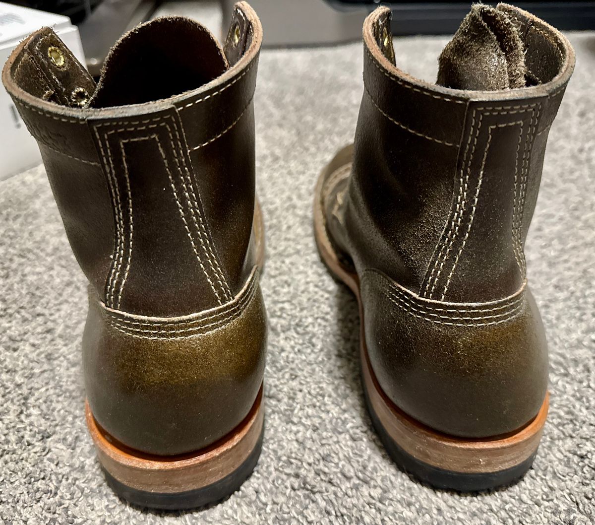 Photo by wk on December 6, 2025 of the White's MP-Sherman Toe Cap in Horween Olive Waxed Flesh.