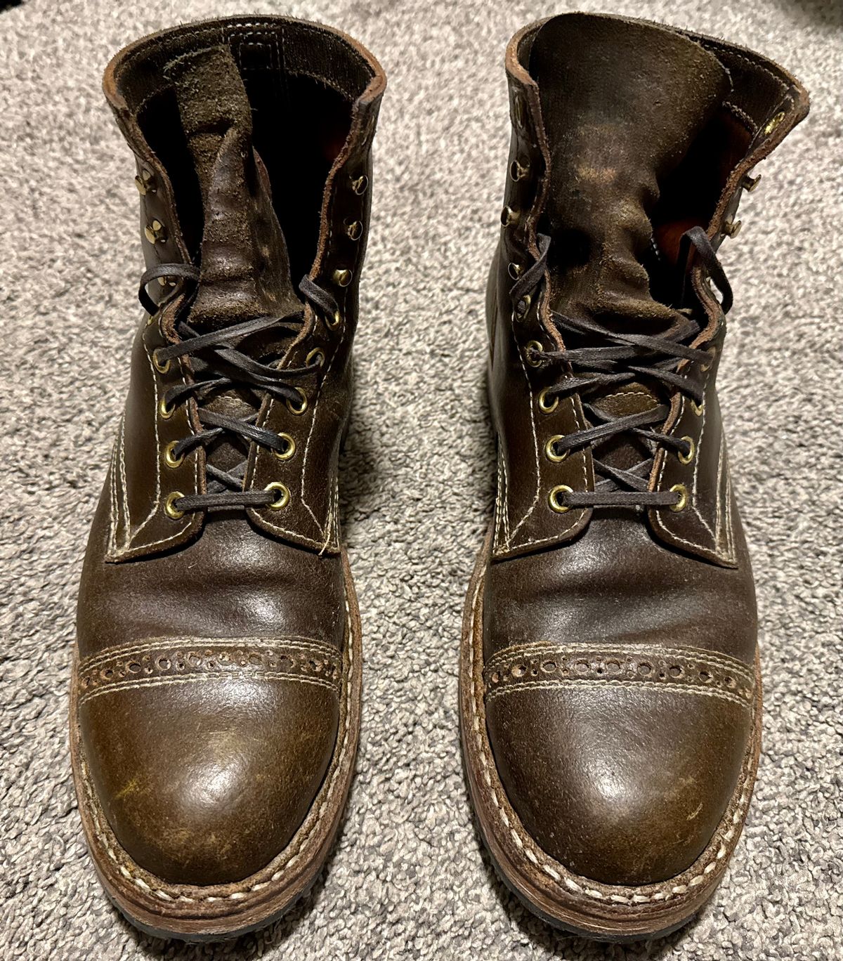 Photo by wk on December 6, 2025 of the White's MP-Sherman Toe Cap in Horween Olive Waxed Flesh.