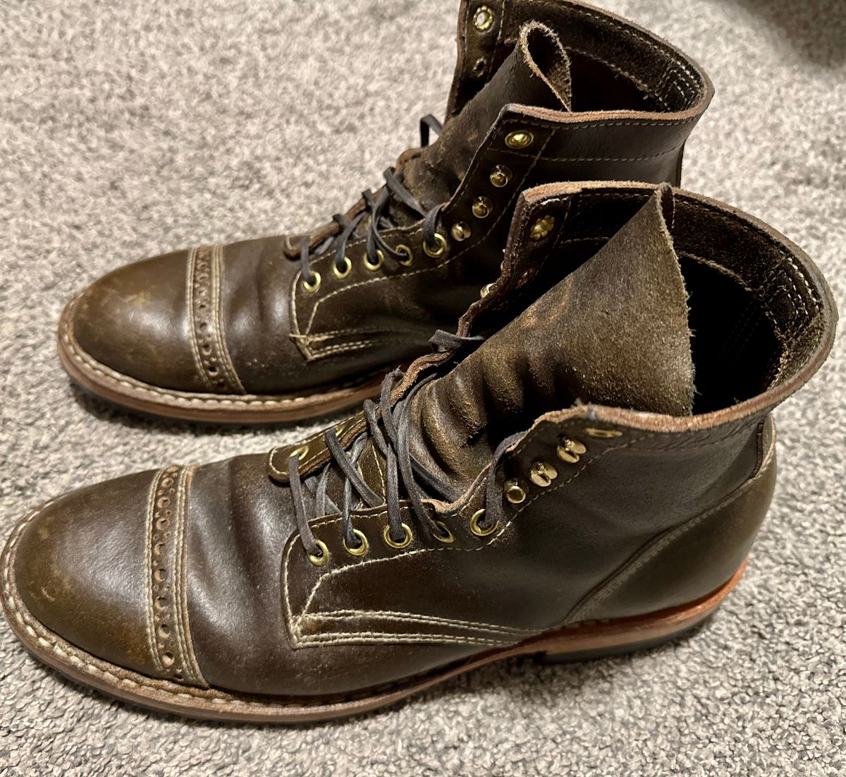Photo by wk on December 6, 2025 of the White's MP-Sherman Toe Cap in Horween Olive Waxed Flesh.