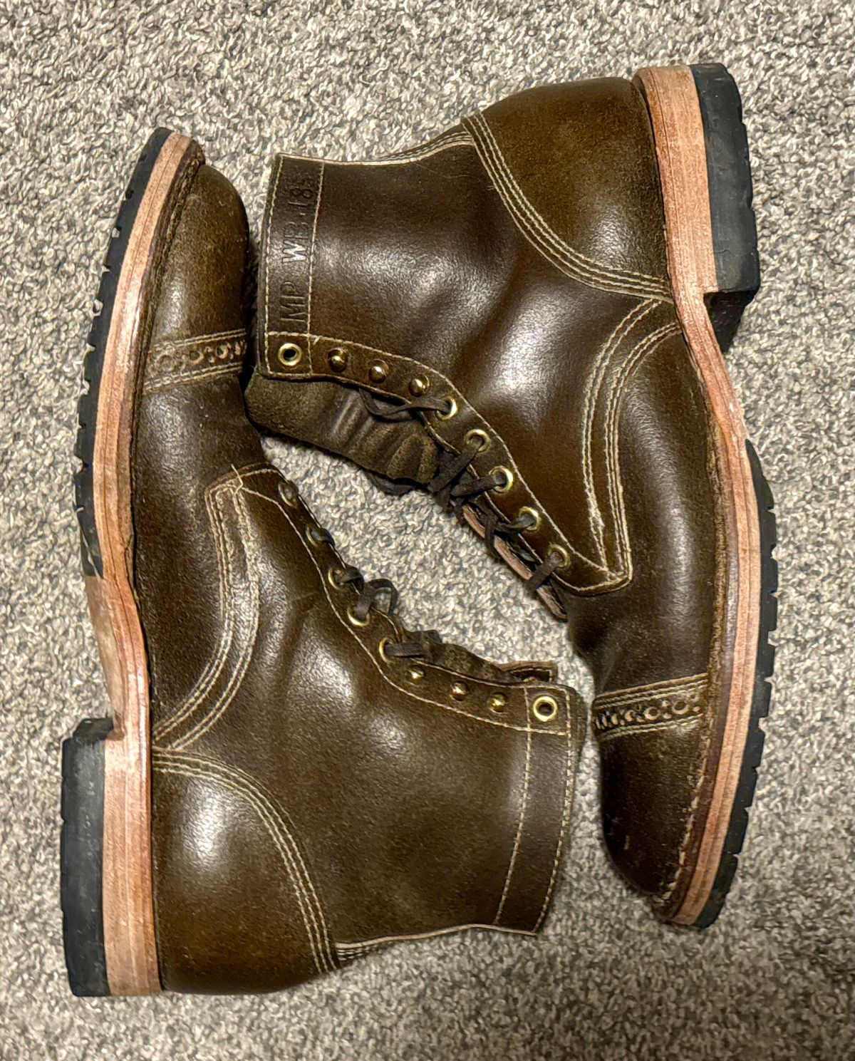Photo by wk on December 6, 2025 of the White's MP-Sherman Toe Cap in Horween Olive Waxed Flesh.