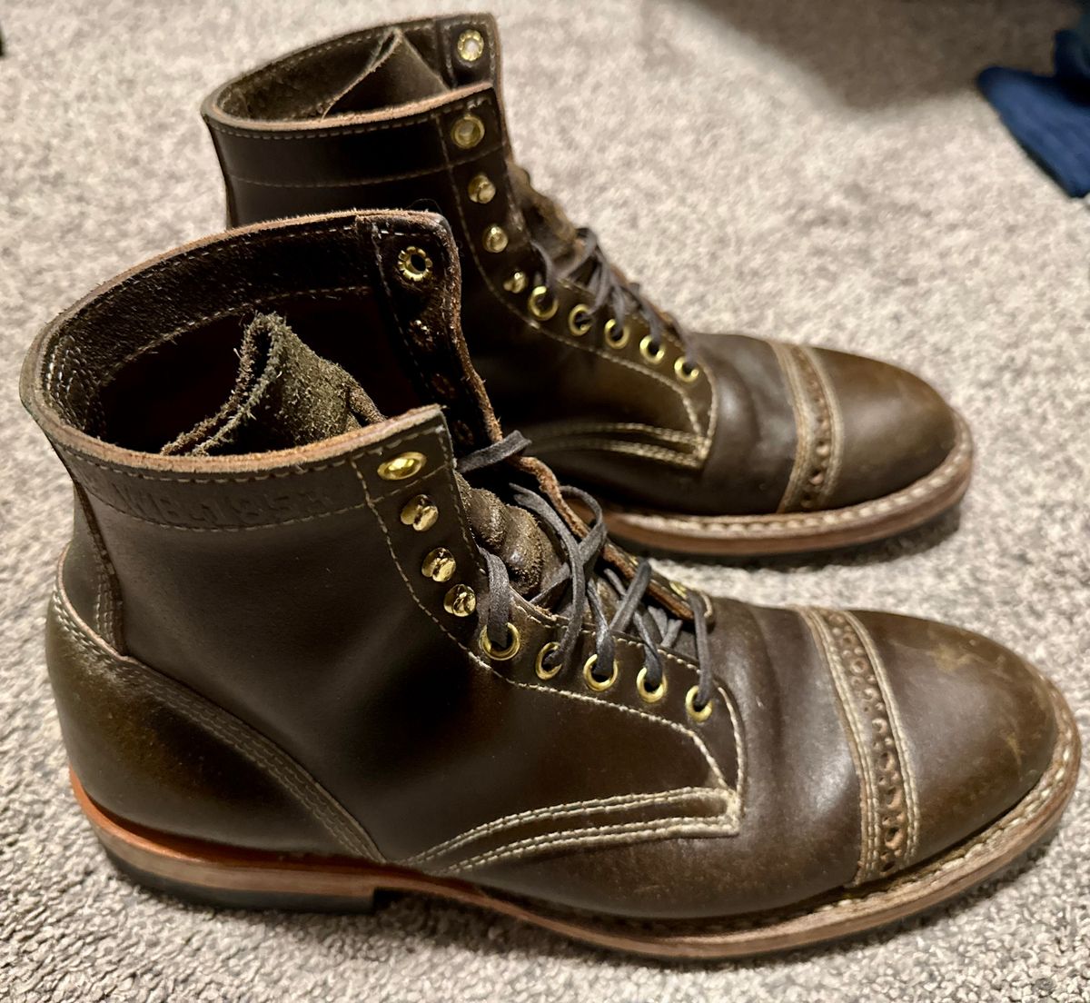Photo by wk on December 6, 2025 of the White's MP-Sherman Toe Cap in Horween Olive Waxed Flesh.