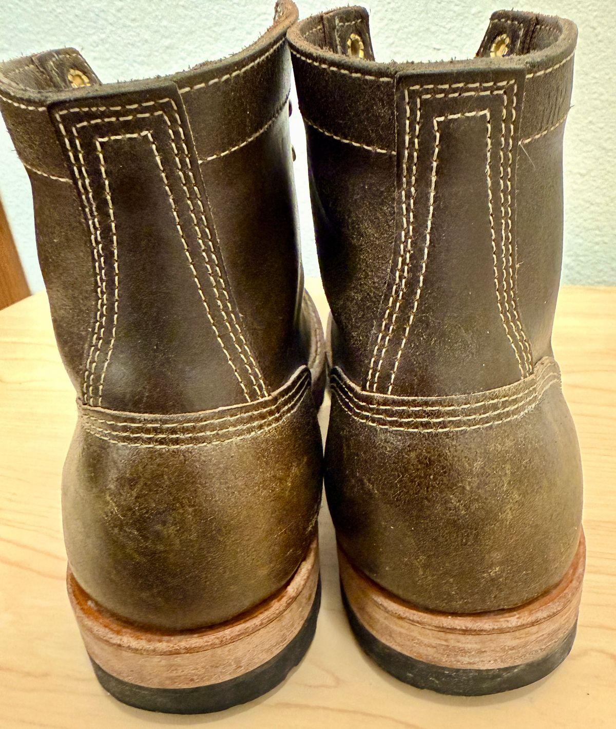 Photo by wk on February 6, 2026 of the White's MP-Sherman Toe Cap in Horween Olive Waxed Flesh.