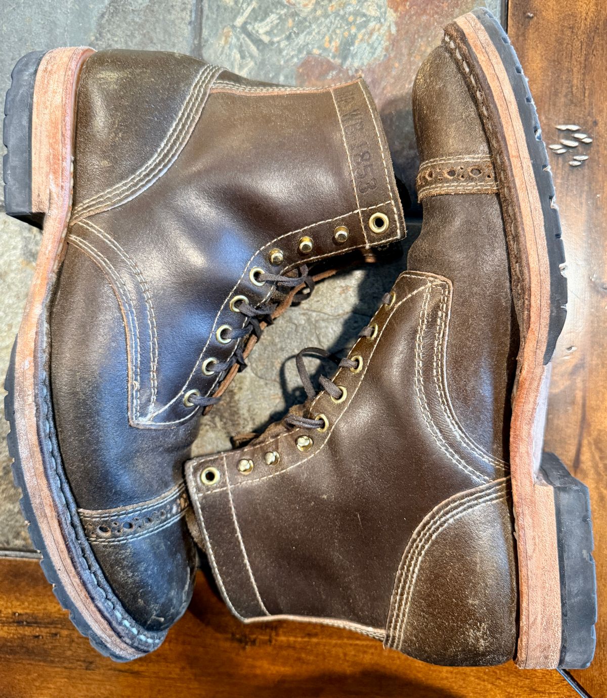 Photo by wk on March 5, 2026 of the White's MP-Sherman Toe Cap in Horween Olive Waxed Flesh.