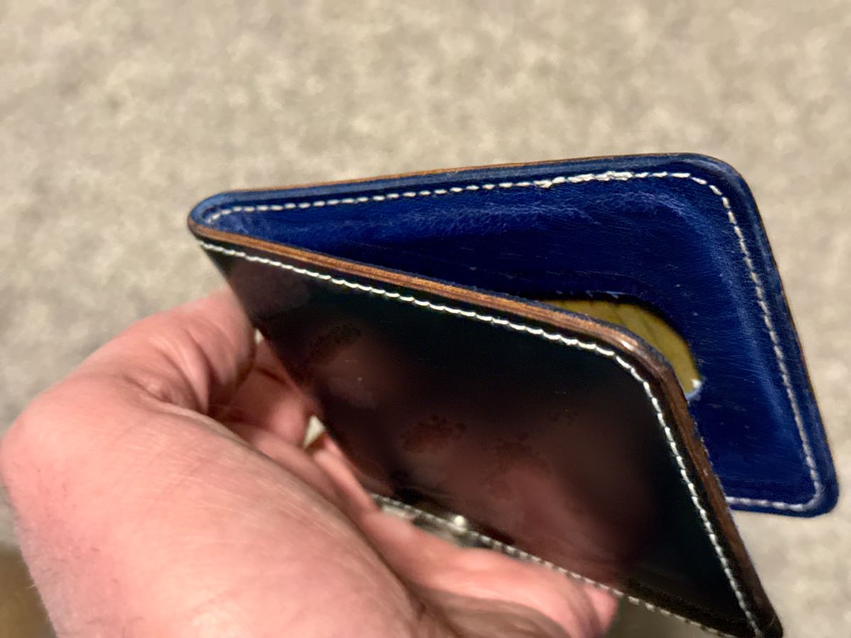 Photo by wk on December 6, 2025 of the Guarded Goods Stronghold Wallet in Navy Shell Cordovan and Navy Cypress Horsehide Horween (USA.