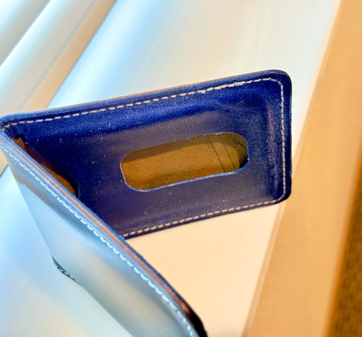 Photo by wk on March 5, 2026 of the Guarded Goods Stronghold Wallet in Navy Shell Cordovan and Navy Cypress Horsehide Horween (USA.