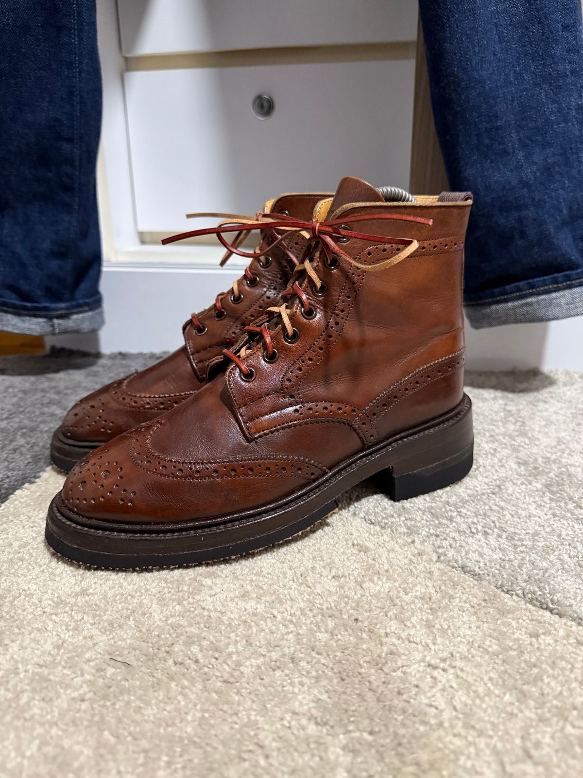 Photo by sethchenko on October 1, 2025 of the Tricker's Stepy Brogue Boot in Cafe Burnished Calf.