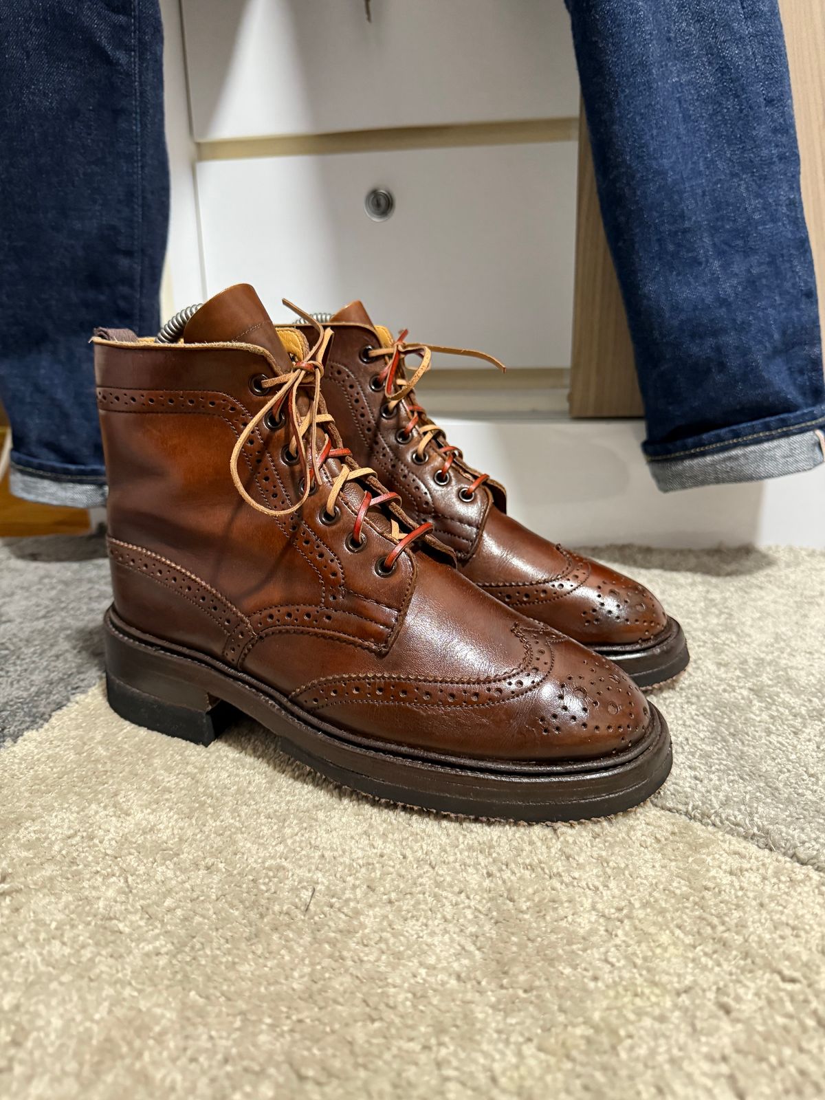Photo by sethchenko on October 1, 2025 of the Tricker's Stepy Brogue Boot in Cafe Burnished Calf.